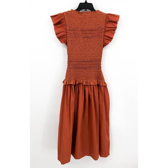 ULLA JOHNSON Women's Madeline Midi Dress Size 2 Orange Clay Ruffle Smocked NWT - Picture 6 of 13